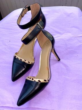 Ann Taylor Black Pointed Ankle-Strap Heels with Leopard-Accent Trim